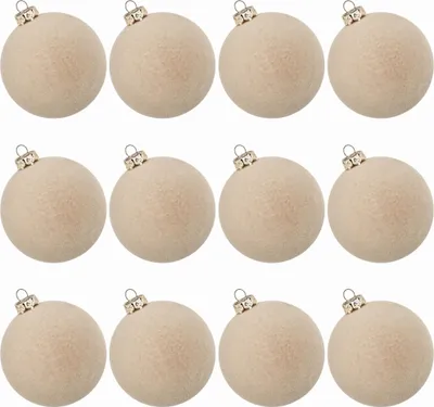 A grid of 12 beige Christmas ornaments on a white background.