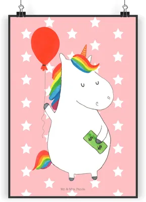 Produktbild von Mr. & Mrs. Panda Bild Einhorn Luftballon DIN A5 - Rot Pastell - Geschenk, Unicorn, Wandbild, Geld, drucke, wanddeko, Einhörner, Kunstdruck, Wanddekoration