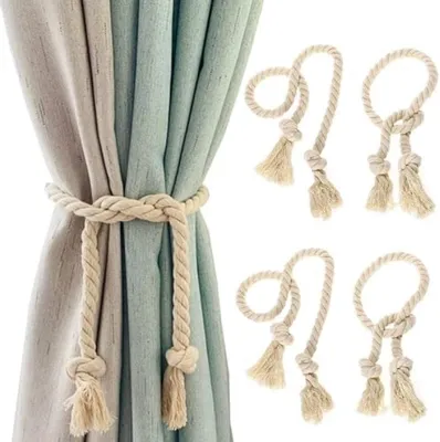 Produktbild von PromoHome® 4 Stück handgewebte Vorhanghalter – Baumwoll-Vorhanghalter und Vorhangkordel Raffhalter – Beige dekorative Vorhangclips für