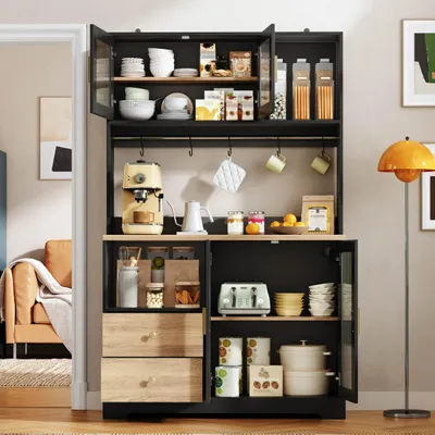 Imagen del producto de Armario alto de cocina con vitrina, de 110x40x178 cm, con 4 puertas de cristal, toma de corriente y luces LED RGB, fabricado en MDF con encimera reforzada