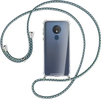 Produktbild von Handykette Backcover-Schutzhülle mit Band (Metall silberfarben) für Motorola Moto G7 Power - grün/blau/weiß