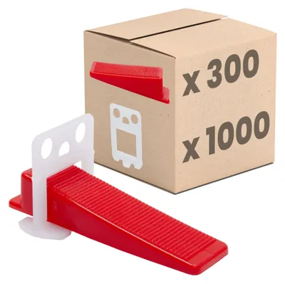 Produktbild von Dalsys Fliesen Nivelliersystem 2mm Set: 1000 Laschen & 300 Fliesenkeile. Profi Verlegehilfe für ein sauberes Fugenbild. Hochwertiges Fliesenleger Werkzeug inklusive Fliesen Abstandshalter.