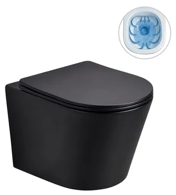 Productafbeelding van Wc-hangtoilet Hugo, Vortex - met wervelspoeling + Slim/SoftClose toiletbril - mat zwart - 53x36 cm
