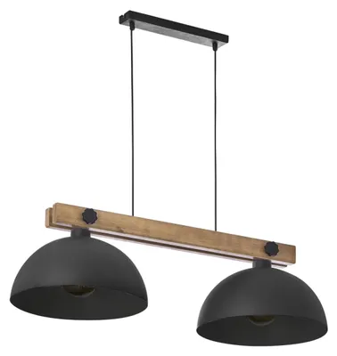 Produktbild von Hängelampe Natur Schwarz 2-flammig Holz Metall E27 Rustikal Pendelleuchte Wohnzimmer