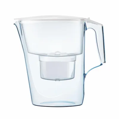 A clear, studio shot of a water filter pitcher on a white background.