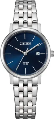 A close-up studio shot of a Citizen watch with a blue dial and silver band.