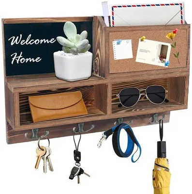 Image de Porte-clés en bois avec panier et tablette - Fixation murale - Marron - 4 crochets doubles