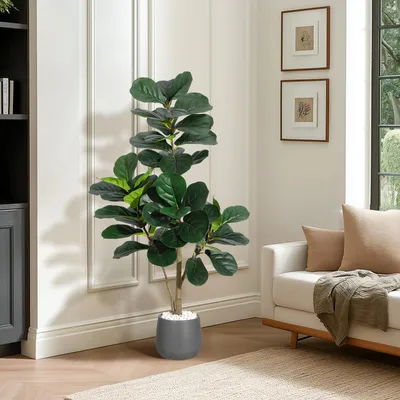 Zdjęcie produktu dla Sztuczny Fikus Liraste (Ficus Lyrata) 120 cm - Biały – Realistyczna Roślina Doniczkowa do Domu, Biura i na Taras, Bez Pielęgnacji, Obraz wygenerowany przez AI