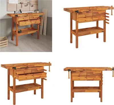 Imagen del producto de Banco de trabajo con cajones y tornillos, 124x52x83 cm, madera de acacia - Banco de trabajo - Bancos de trabajo - Mesa de trabajo - Estación de trabajo