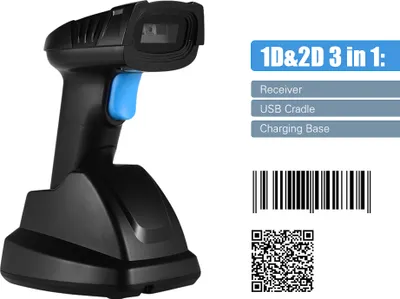 Produktbild von Aibecy Handheld 1D 2D QR Wireless Barcodescanner Barcode-Lesegerät mit USB-Cradle-Empfänger Ladestation 100 m lange Übertragungsreichweite für den Supermarkt Einzelhandelsgeschäft Lager Mobiles Bezahlen Bildschirmscan