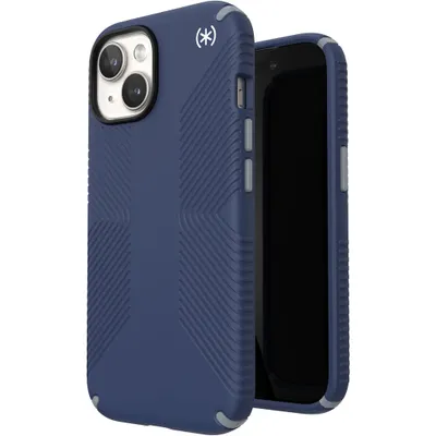 A blue Speck Presidio2 Grip phone case for an iPhone is shown against a white background.