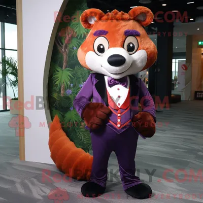 Obrázok produktu pre Postava maskota REDBROKOLY: fialová panda, oblečená v červenom obleku, nohaviciach a motýliku