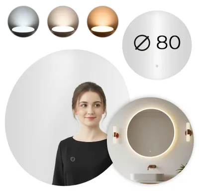 Zdjęcie produktu dla Lustro łazienkowe LED okrągłe ścienne 80 cm 3 barwy włącznik dotykowy ModernHome