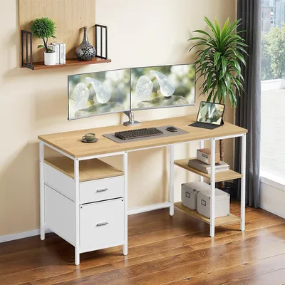 Produktbild von VASAGLE Schreibtisch mit 3 Ablagen, Bürotisch mit 2 Schubladen, 140 x 60 x 76 cm, moderner Stil, eichenfarben-weiß