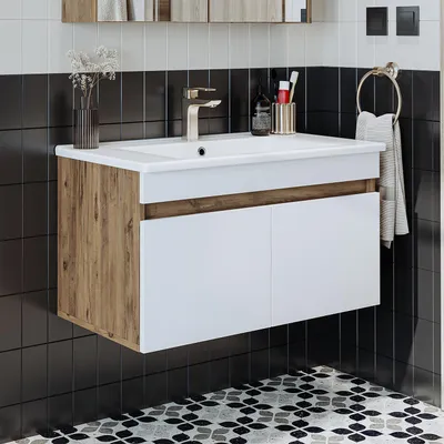 Produktbild von Roomart ATRIA-85 Badmöbel-Set 2-teilig 85 cm breit, Weiß-Eiche