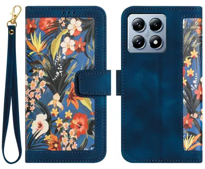 Productafbeelding van Voor Xiaomi 14T Pro, kunstleren telefoonhoesje met bloemenprint, donkerblauw