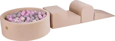 Produktbild von MeowBaby Spielplatz aus Schaumstoff 3-Element Schaumspielset mit Runde Bällebad, 200 Bälle, Samt, Ecru: Transparentne/Pastellrosa/Weiss Perle/Grau