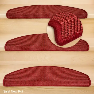 Three red stair mats are shown on wooden stairs. A close-up of one mat's texture is also visible.