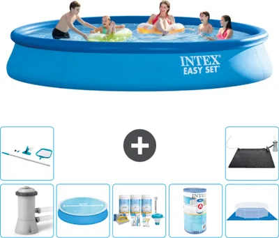 Produktbild von Intex runder aufblasbarer Easy Set-Schwimmpool – 457 x 84 cm – Blau – inklusive Pumpe Sonnensegel - Wartungspaket - Filter - Bodenplane - Reinigungskit - Solarmatte