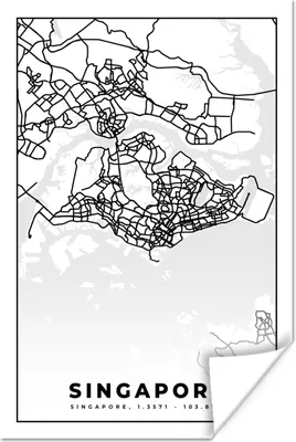 Produktbild von MuchoWow® Poster Singapur - Karte - Stadtplan - Schwarz und weiß 80x120 cm - Papierdruck