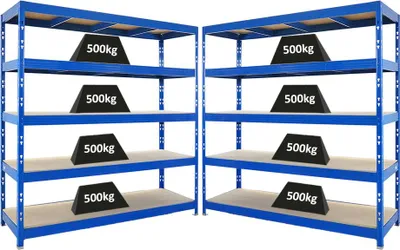 Produktbild von Mega Deal | 2x Profi Schwerlastregal Rhino | HxBxT 200x200x60cm | 5 Spanplatten-Ebenen 8mm | Fachlast 500kg | Blau