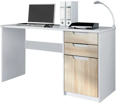 Produktbild von Vladon Schreibtisch Logan,  Germany, Bürotisch mit 2 Schubladen und 1 Tür, Weiß matt/Eiche Sägegrau (129 x 76 x 60 cm)
