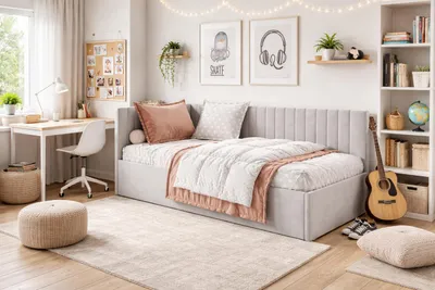 Produktbild von Bett Bubu 100x200 cm, Polsterbett mit Metallrahmen, Jugendbett mit Bettkasten, Riviera-Stoff, Grau