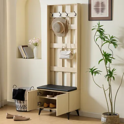 Produktbild von STILVORA Garderobenschrank mit Sitzbank und Kleiderhaken, Moderne Garderobe mit 4 Haken Schwarze Stahlbeine, Praktische Stauraumoptionen, für Flur und Eingangsbereich