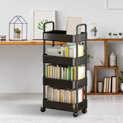 Produktbild von Rollwagen, Rollwagen | Rollender Bücherwagen | Rollbarer | Organisationswagen mit 3/4 Ebenen, Griff und Rädern, multifunktionaler Aufbewahrungswagen für die Küche und das Wohnzimmer