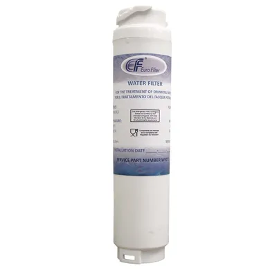 A white water filter cartridge with a blue and white label.