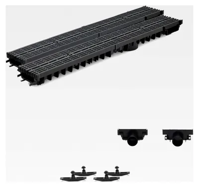 Produktbild von 2m Entwässerungsrinne Terrassenrinne Stegrost Kunststoff komplett SET, System A15 70mm, Schwarz Line