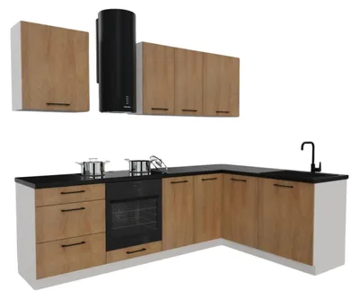 Obrázek produktu pro Rohová kuchyňská linka - 260x170 cm - Dub Hicora - 8 skříněk - s černou pracovní deskou - moderní kuchyňský blok - BONO