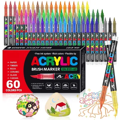 Immagine prodotto di Set di pennarelli acrilici, 60 colori, resistenti all'acqua, punta da 1-5 mm, ideali per pietra, legno, vetro, tessuto