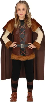 A young girl wearing a Viking costume, standing against a white background.