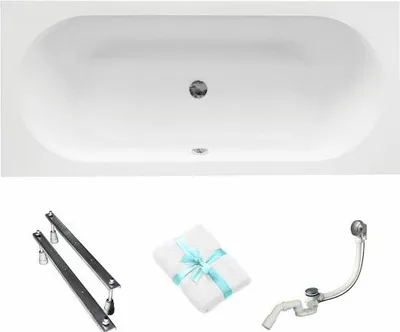A top-down view of a bathtub and a collection of accessories below.