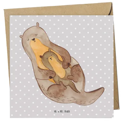 Produktbild von Mr. & Mrs. Panda Glückwunschkarte Otter Kind - Grau Pastell - Geschenk, Sohn, Mutter, Baby, Grußkarte, Tochter, faltkarte, doppelkarte, anlasskarte, Klappkarte, Familie