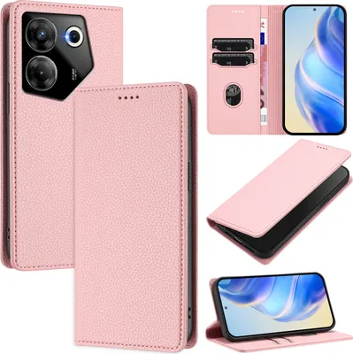 Produktbild von Litchi Leder Handyhülle für Tecno Camon 20 Pro 5G Wallet Kartenfächer Standfunktion Hülle Pink