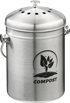 Produktbild von Relaxdays Komposteimer Küche, 5 l, kleiner Mülleimer, Deckel und Geruchsfilter, Abfalleimer Biomüll, Metall, silber
