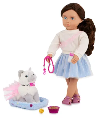 Produktbild von Our Generation – Mindy & Pepper – 46 cm-Puppe & Haustier-Katzen-Set – Plüschtier Katze – Haustierbett & Pflegezubehör – Vorgetäuschtes Spiel – Spielze
