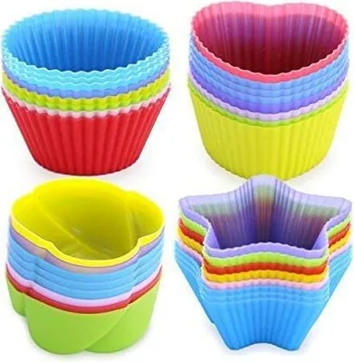 Produktbild von Silikon Muffinförmchen-32er-Pack wiederverwendbarer Backförmchen, Premium Silikonbackformen Muffinformen Cupcake Förmchen (Rund,herzförmig, Rose-artig und Stern)