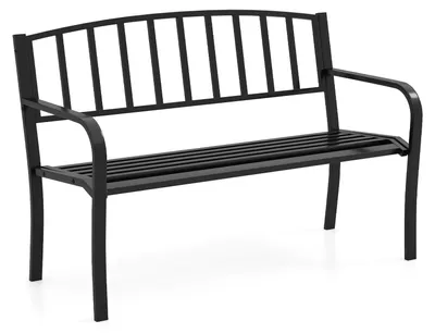Image de Banc de jardin - Banc de terrasse - 2 à 3 personnes - Structure en bois et métal - Dossier à lattes - Accoudoirs incurvés - À monter