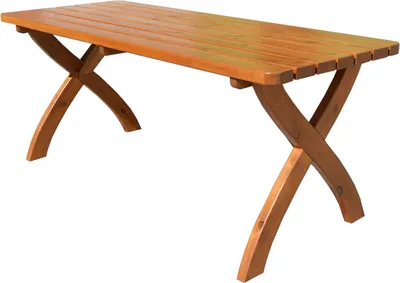 Obrázok produktu pre Masívny záhradný stôl má rozmery 180 x 70 x 70 cm a je vyrobený z impregnovaného a lakovaného dreva.