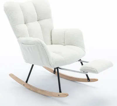 A white rocking chair with a footrest on a white background.