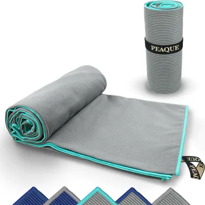 Produktbild von Mikrofaser-Handtuch mit Struktur - Grau/Rand: Türkis, 160x80 cm - leicht, kompakt, schnelltrocknend, antibakteriell