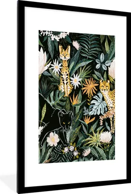 Produktbild von MuchoWow® MuchoWow® Gerahmtes Poster Dschungel - Pflanzen - Panther 60x90 cm - Poster mit zchwarzem Bilderrahmen - Dekoration - Wandposter Wohnzimmer - Hochwertig