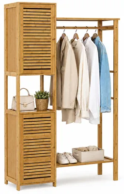 Produktbild von Relaxdays Kleiderständer, Bambus, 2 Schrankfächer, Kleiderstange, Haken, HBT: 164 x 99 x 29 cm, Garderobenständer, natur