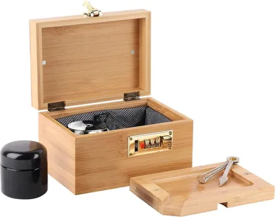 Produktbild von Bambus-Aufbewahrungsbox für Kräuter mit Zahlenschloss, Drehtablett und Glasbehälter