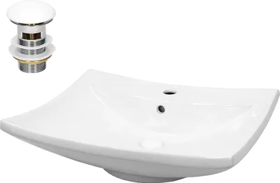 A white ceramic sink and a drain assembly are shown against a white background.