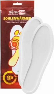 A package of Thermopad foot warmers with two insoles shown next to it.