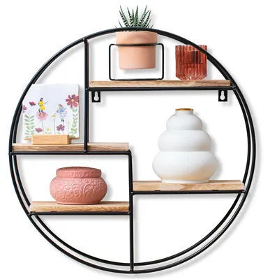 Image de Étagère murale ronde à 4 tablettes – Étagère moderne suspendue en bois et métal robuste, étagère de style industriel pour le salon, l'entrée ou le bureau – 42 x 10 cm
